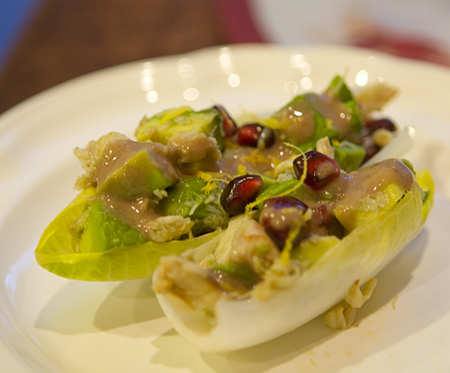 Endive Boats with Avocado, Pomegranate, and Crab Salad