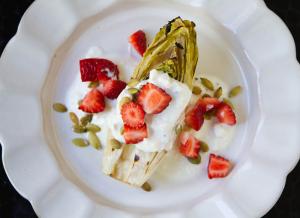 Grilled Endive with Strawberries, Pepitas, and Feta Cheese Dressing